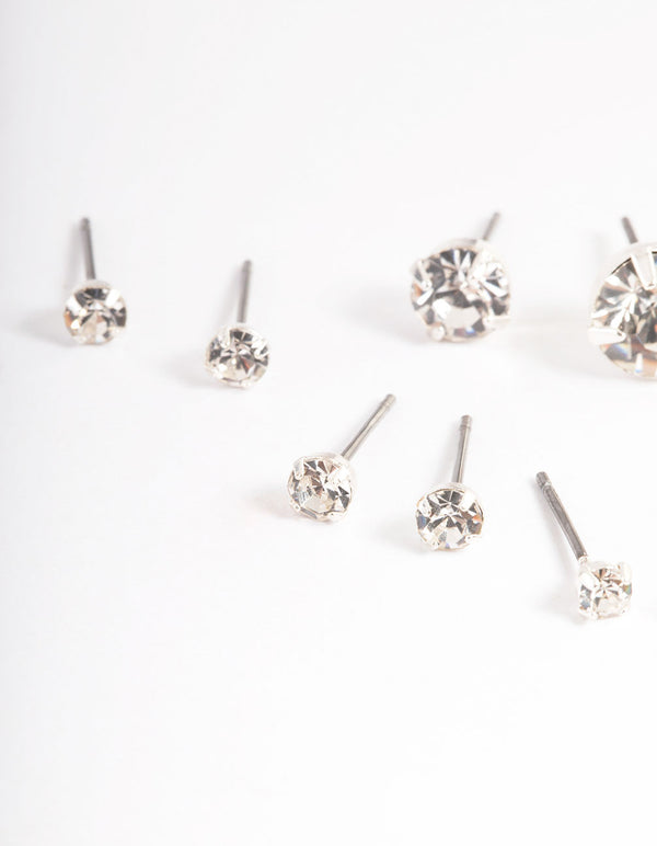 Silver Classic Diamante Stud Stack Earrings