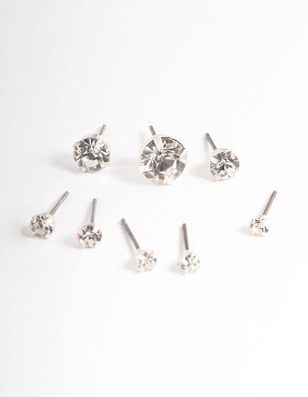 Silver Classic Diamante Stud Stack Earrings