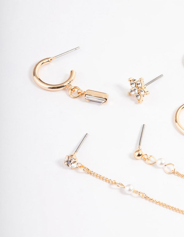 Gold Pearl & Diamante Flower Stack Earrings