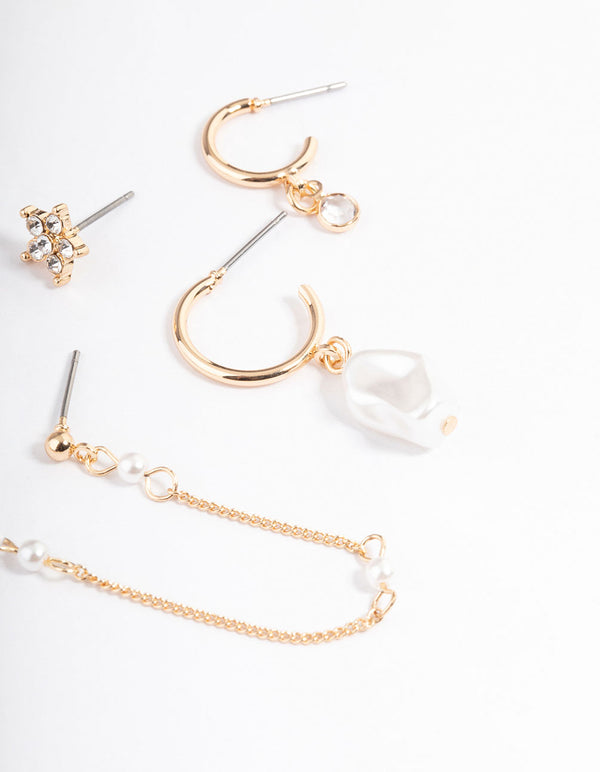 Gold Pearl & Diamante Flower Stack Earrings