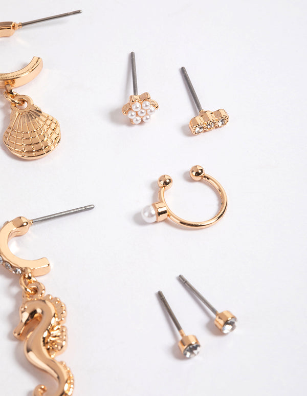 Gold Sea Pearl & Diamante Stack Earrings