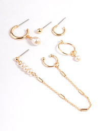 Gold Dainty Pearl Chain Stack Earrings - link has visual effect only