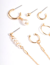 Gold Dainty Pearl Chain Stack Earrings - link has visual effect only