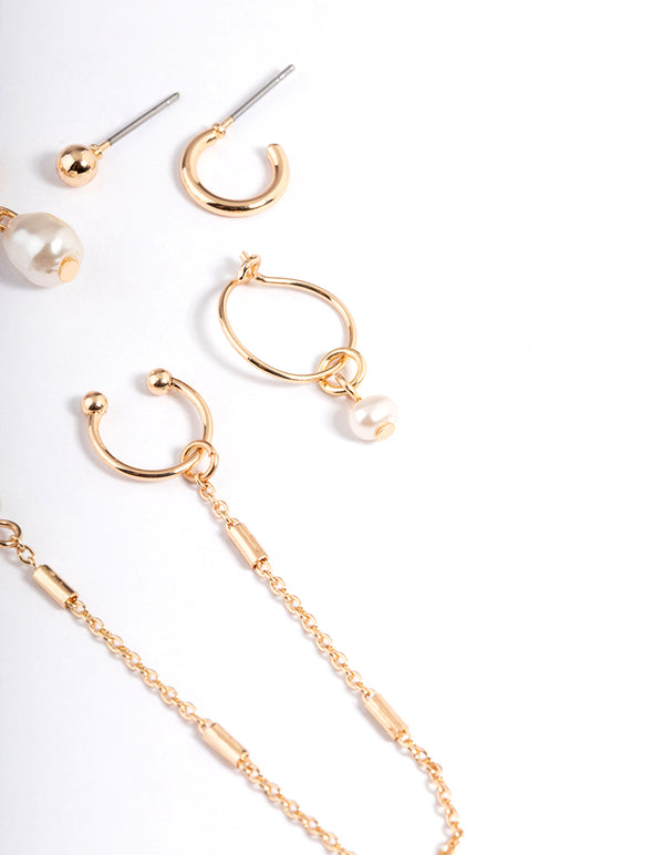 Gold Dainty Pearl Chain Stack Earrings