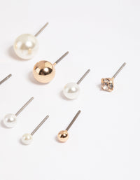 Gold Mixed Diamante & Pearl Stud Stack Earrings - link has visual effect only