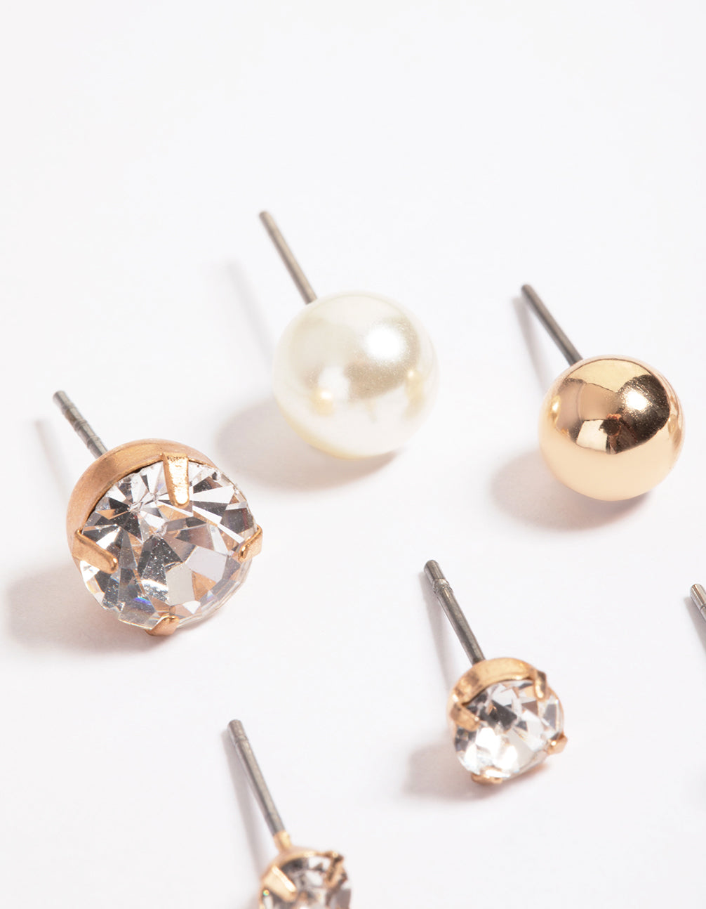Gold Mixed Diamante & Pearl Stud Stack Earrings