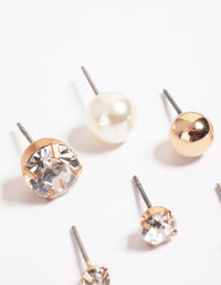 Gold Mixed Diamante & Pearl Stud Stack Earrings - link has visual effect only