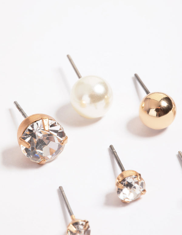 Gold Mixed Diamante & Pearl Stud Stack Earrings