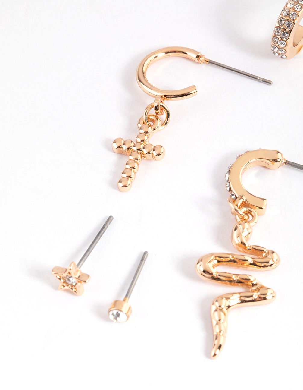 Gold Snake & Cross Stack Earrings