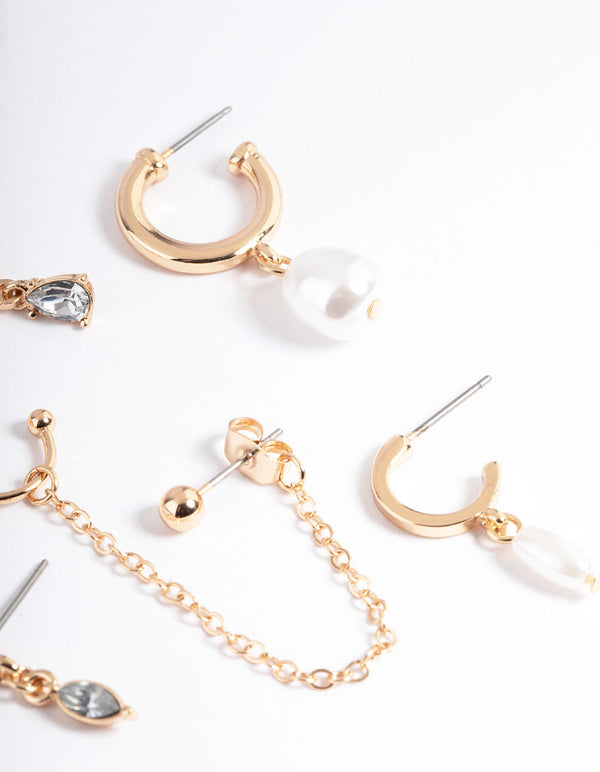 Gold Classic Diamante & Pearl Stack Earrings