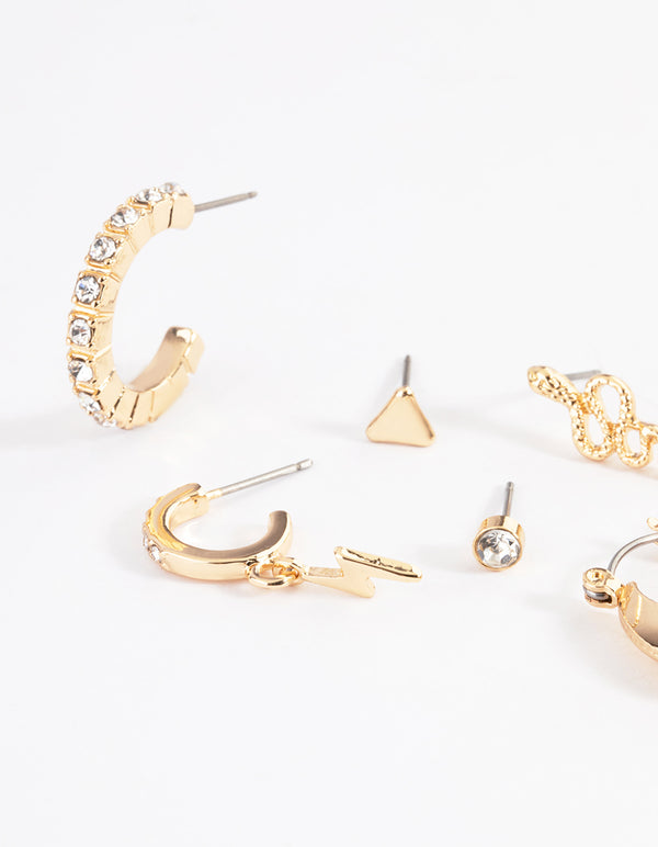 Gold Diamante Snake Bolt Stack Earrings