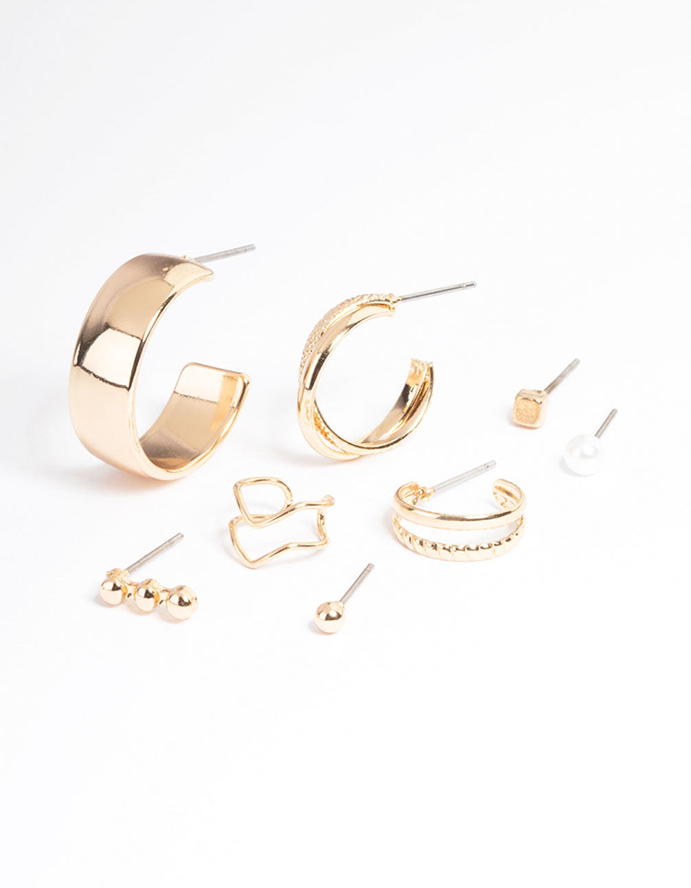 Gold Hoop Textured & Pearl Stack Earrings