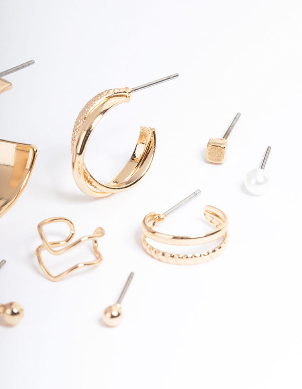 Gold Hoop Textured & Pearl Stack Earrings