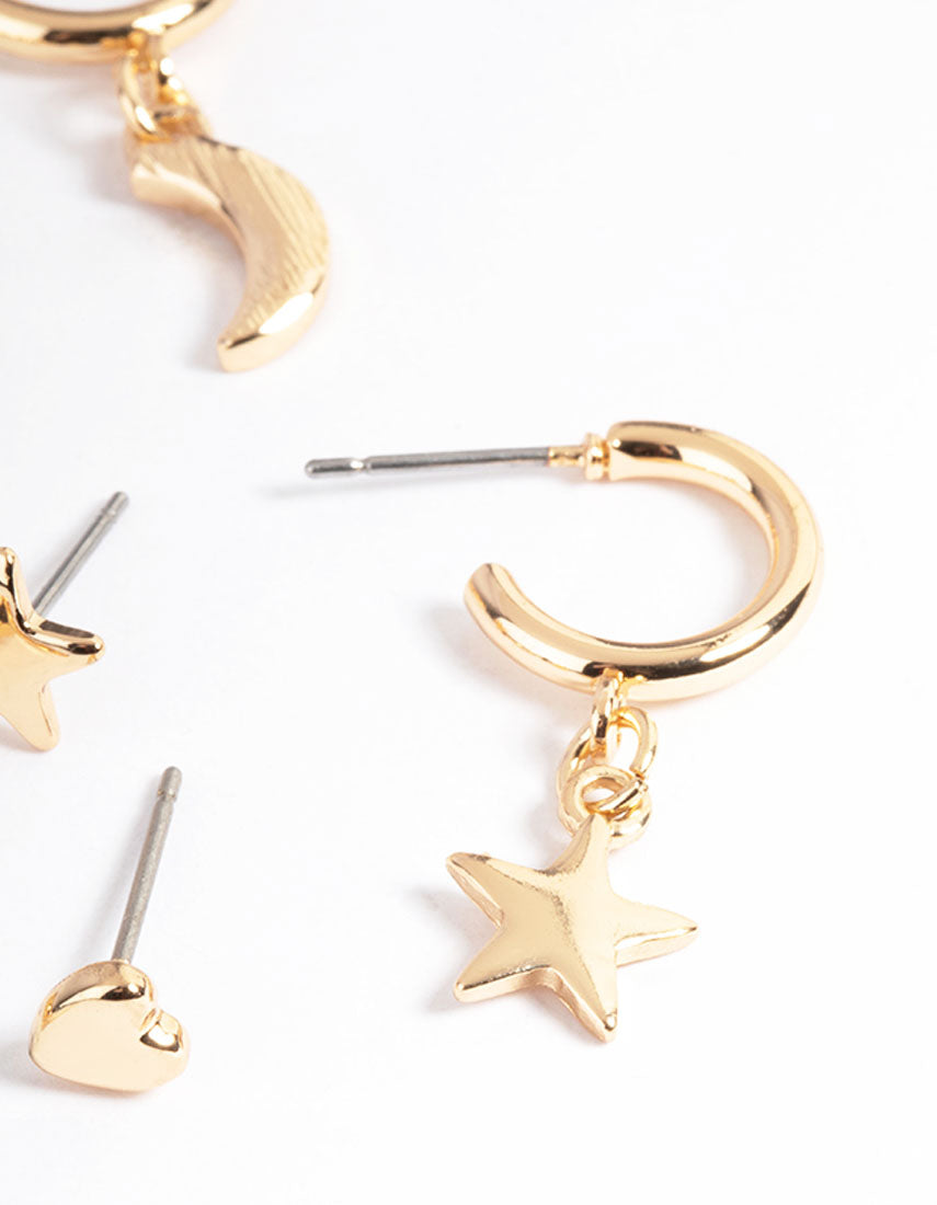 Gold Love & Celestial Stack Earrings