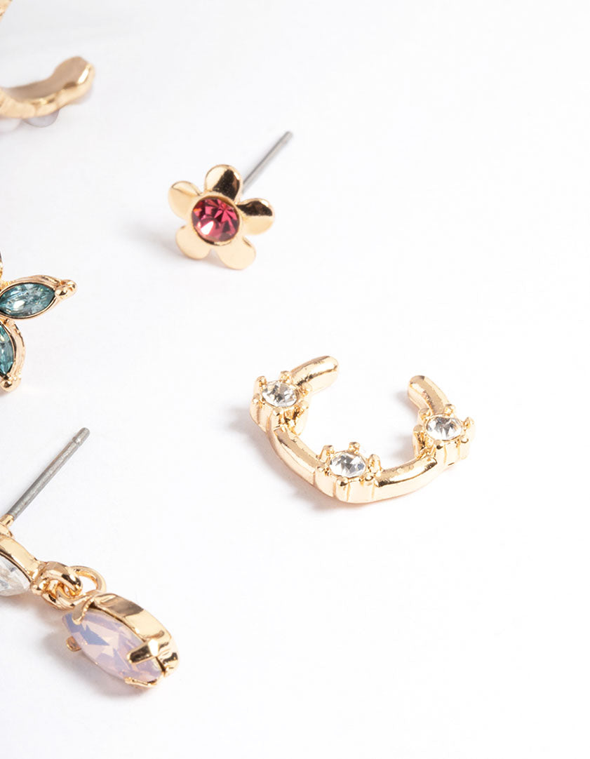 Gold Diamante Pearl Stack Earrings