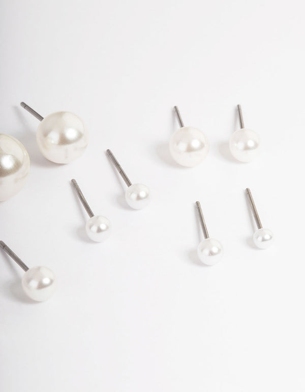 Silver Classic Pearl Stud Stack Earrings