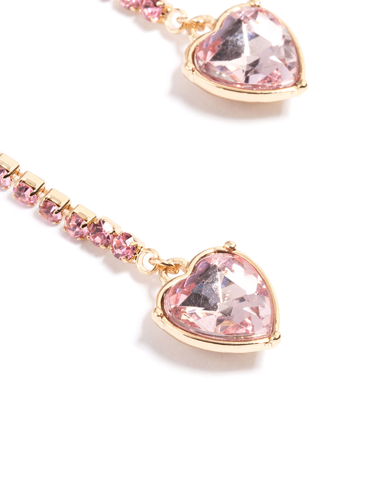 Gold Pink Heart Drop Hoop Earrings