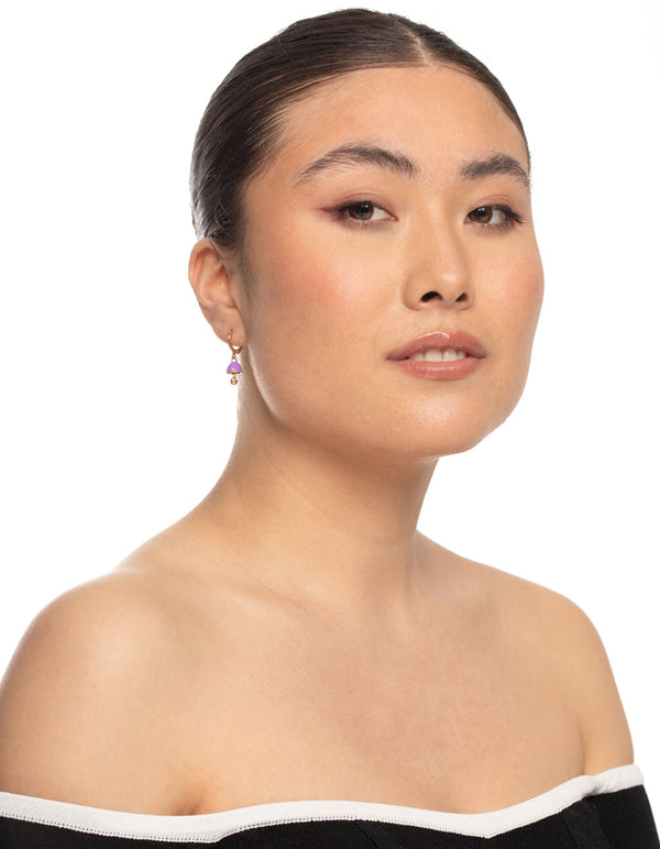 Gold Neon Purple Mushroom Huggie Earrings