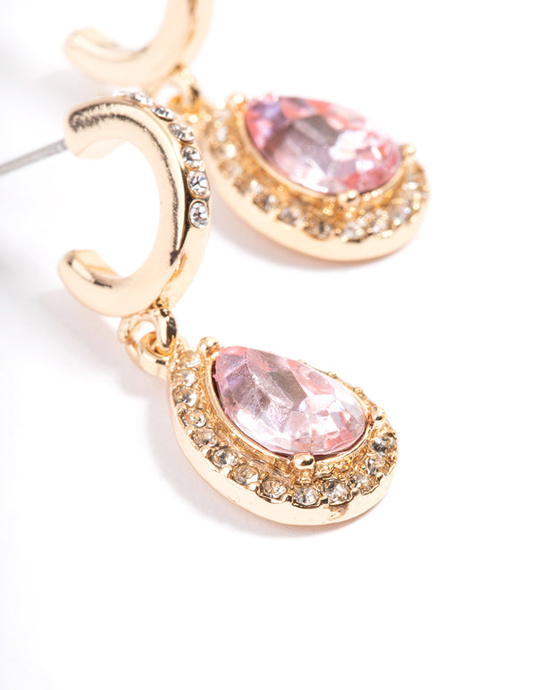 Gold Pink Oval Halo Earrings