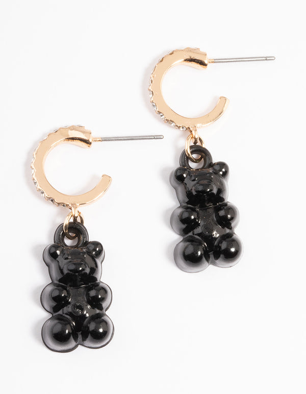Gold Diamante Black Lolly Bear Earrings