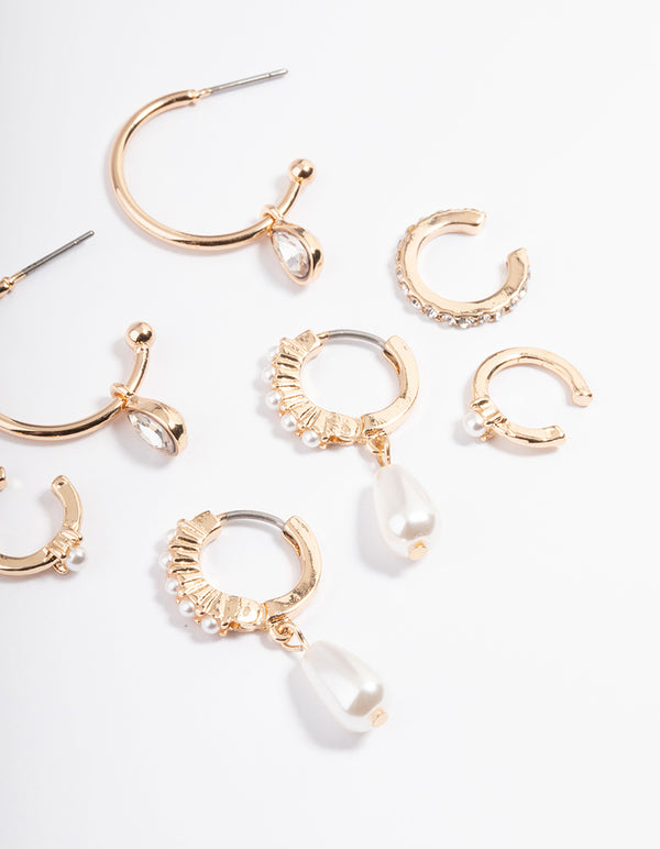 Gold Pearl Diamante Cuff & Hoop Earring Pack