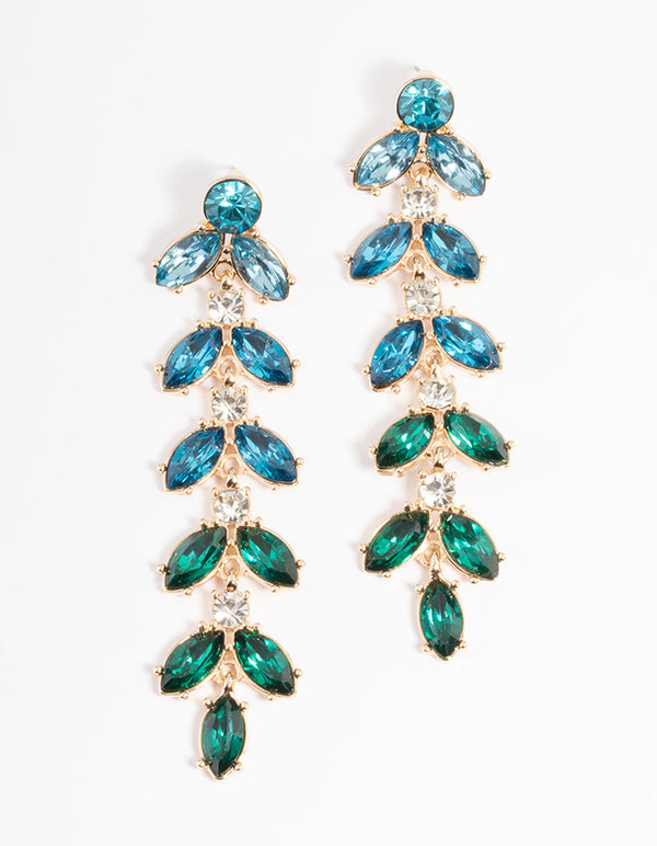 Gold Mix Stone Leaf Drop Earrings