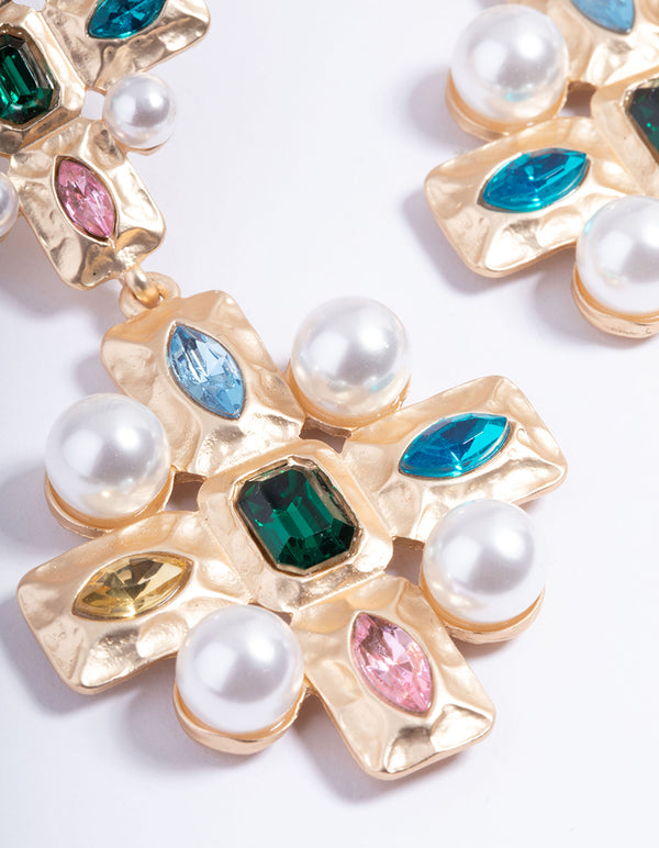 Gold Gem Double Cross Earrings