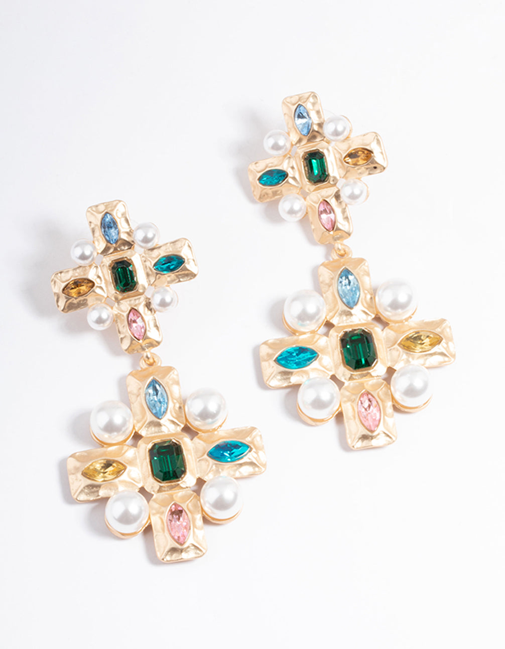 Gold Gem Double Cross Earrings