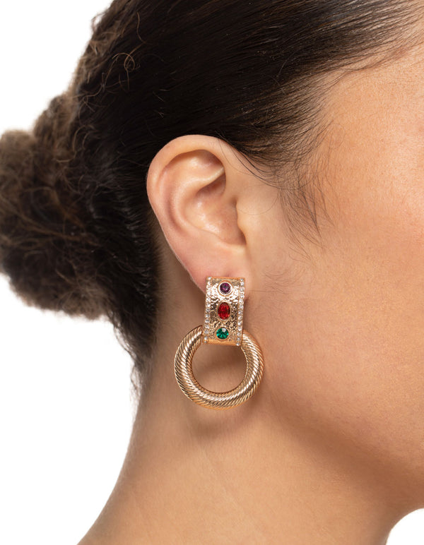 Gold Gem Door Knocker Earrings