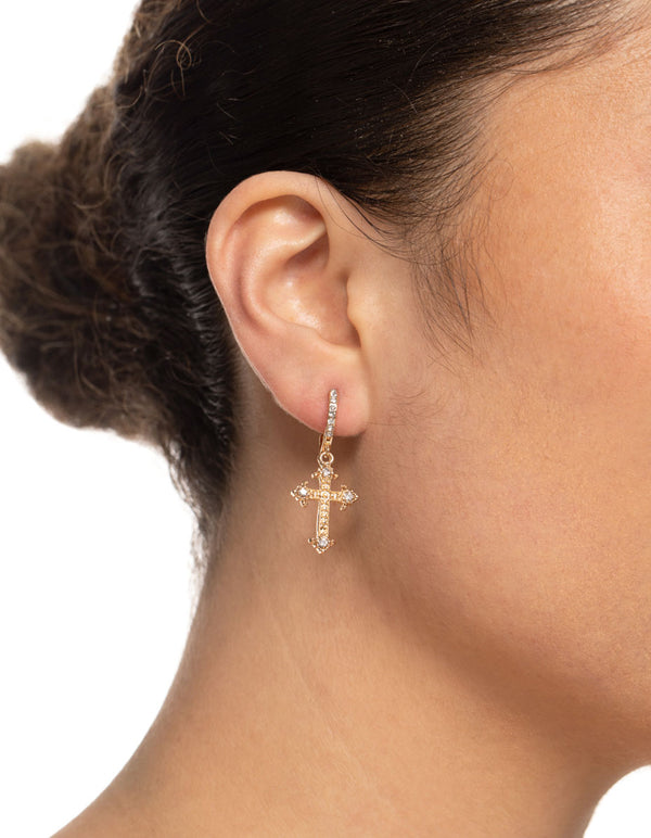 Gold Mini Cross Drop Earrings