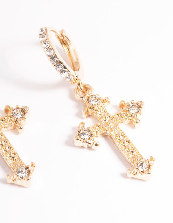 Gold Mini Cross Drop Earrings