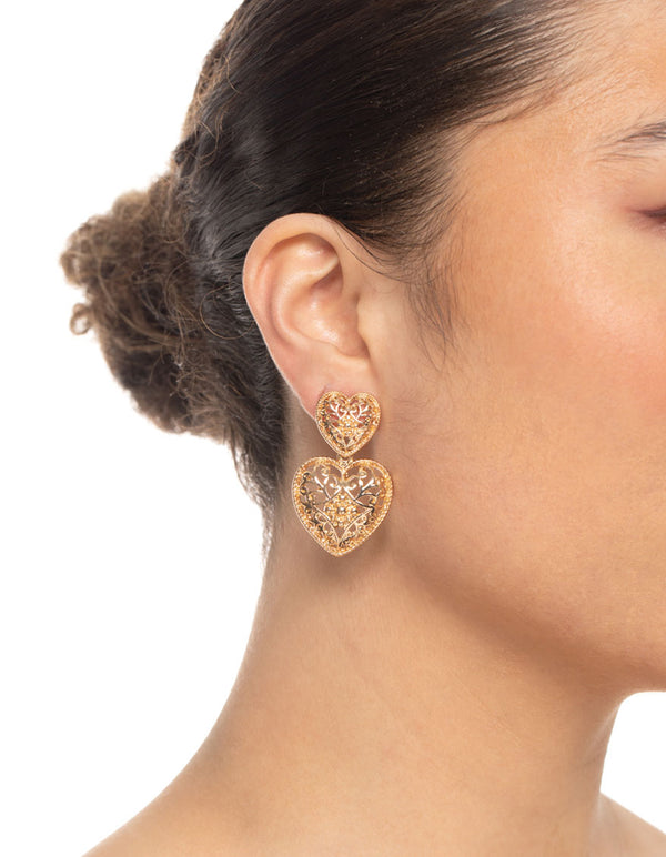 Gold Double Heart Drop Earrings
