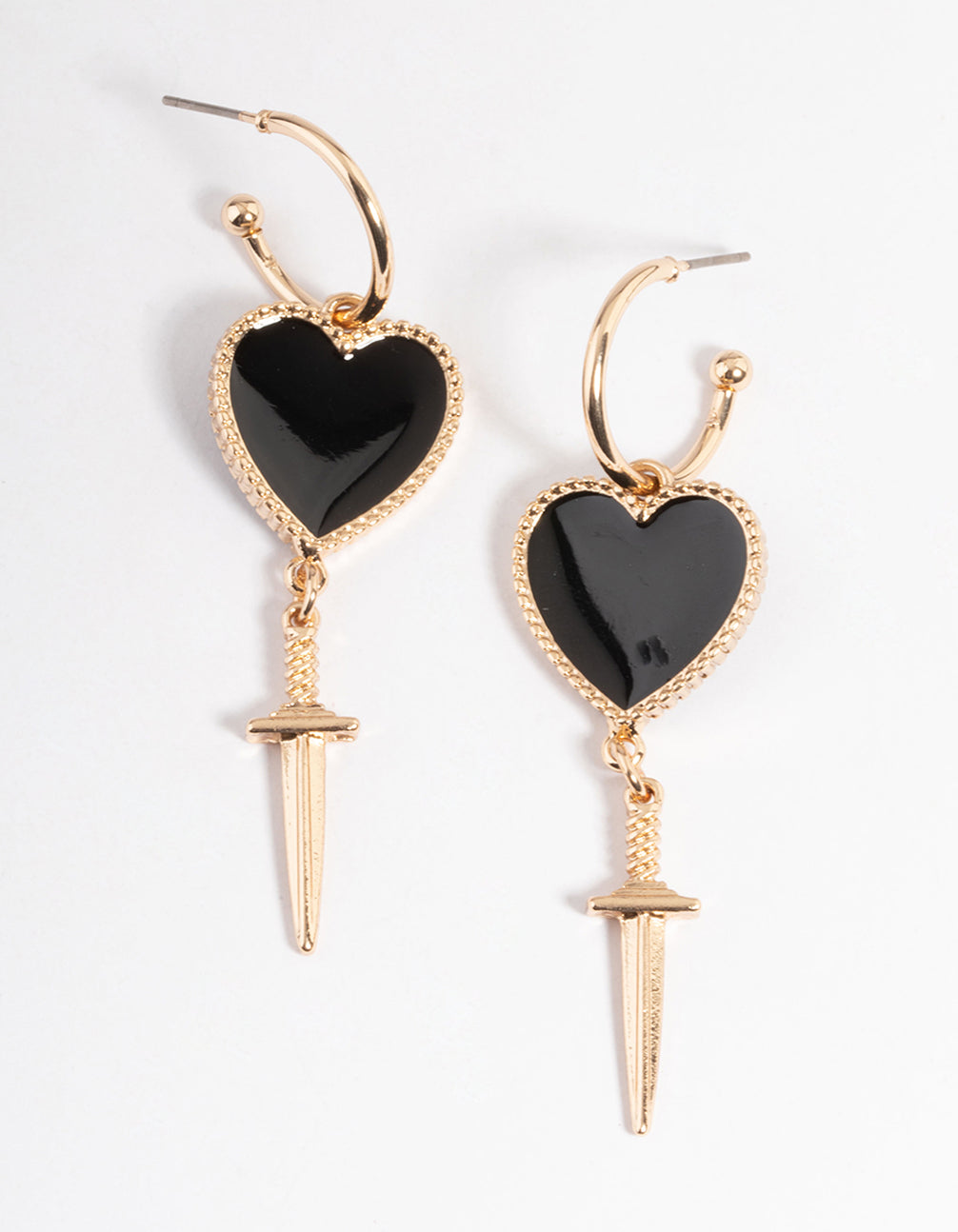 Gold Heart & Dagger Drop Earrings