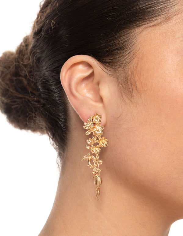 Gold Flower Bird Drop Earrings