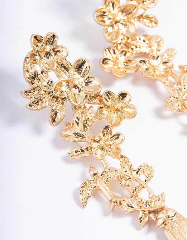 Gold Flower Bird Drop Earrings