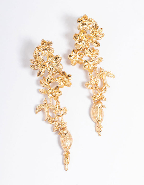 Gold Flower Bird Drop Earrings