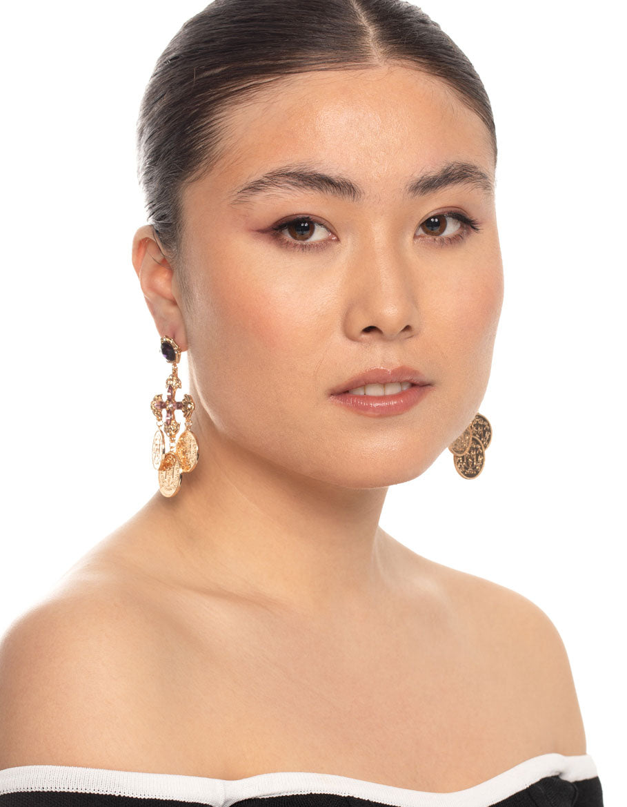 Gold Cross Coin Drop Earrings