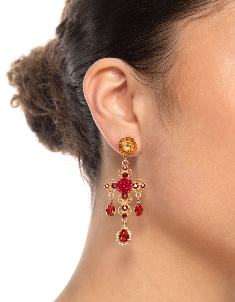 Gold Rose Cross Drop Earrings