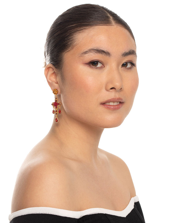 Gold Rose Cross Drop Earrings