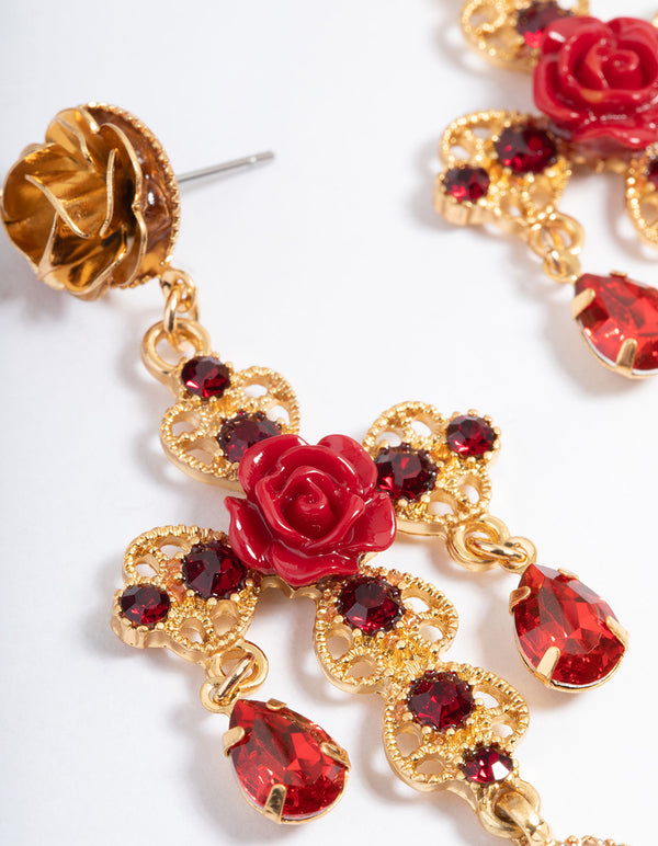 Gold Rose Cross Drop Earrings