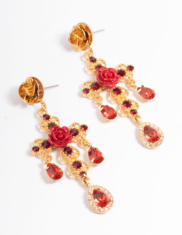 Gold Rose Cross Drop Earrings