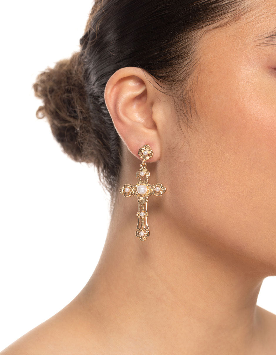 Gold Mini Pearl Cross Earrings