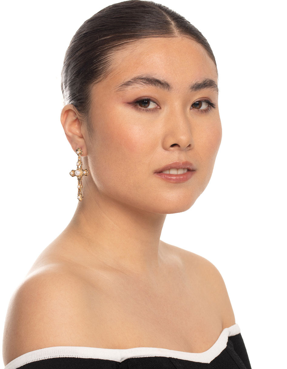 Gold Mini Pearl Cross Earrings