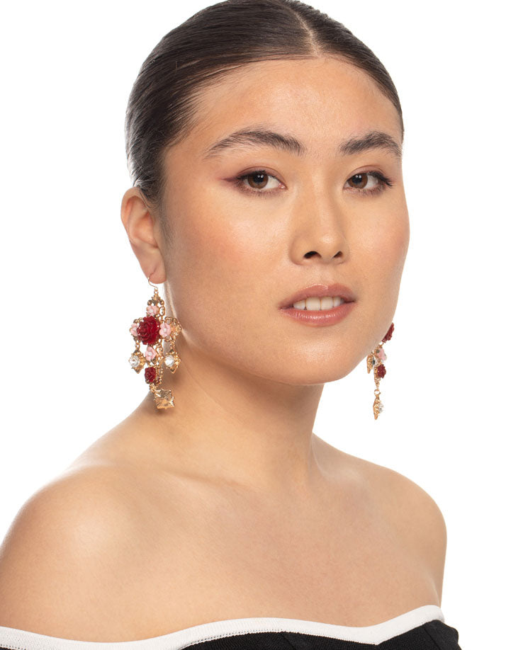 Gold Rose Statement Cross Earrings