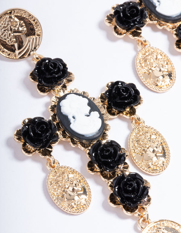 Gold Rose Coin Cross Earrings