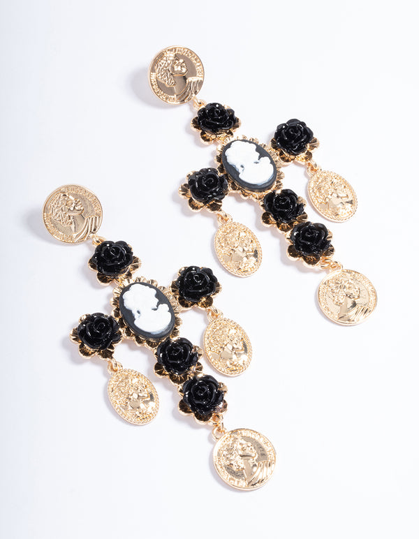 Gold Rose Coin Cross Earrings