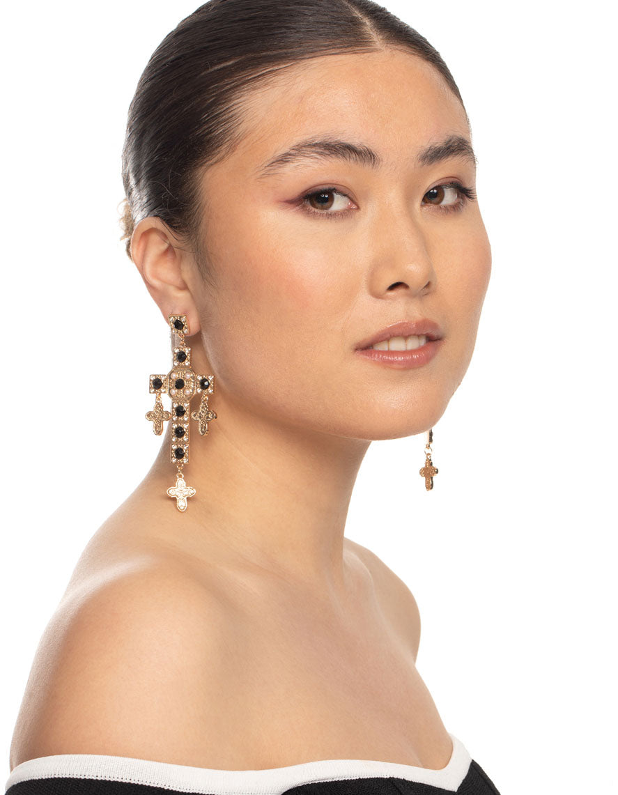 Gold Diamante Pearl Cross Earrings