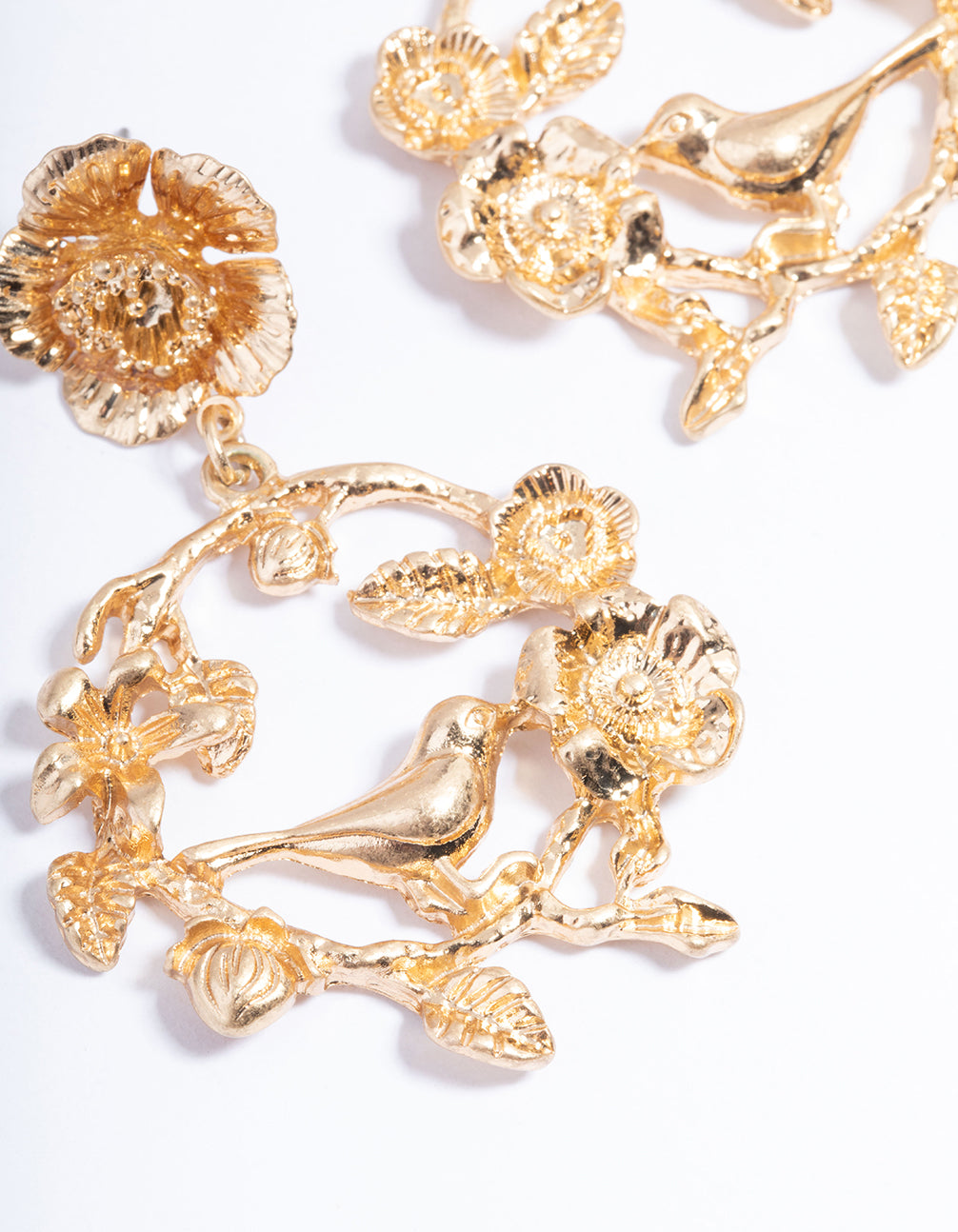 Gold Bird Flower Circle Earrings