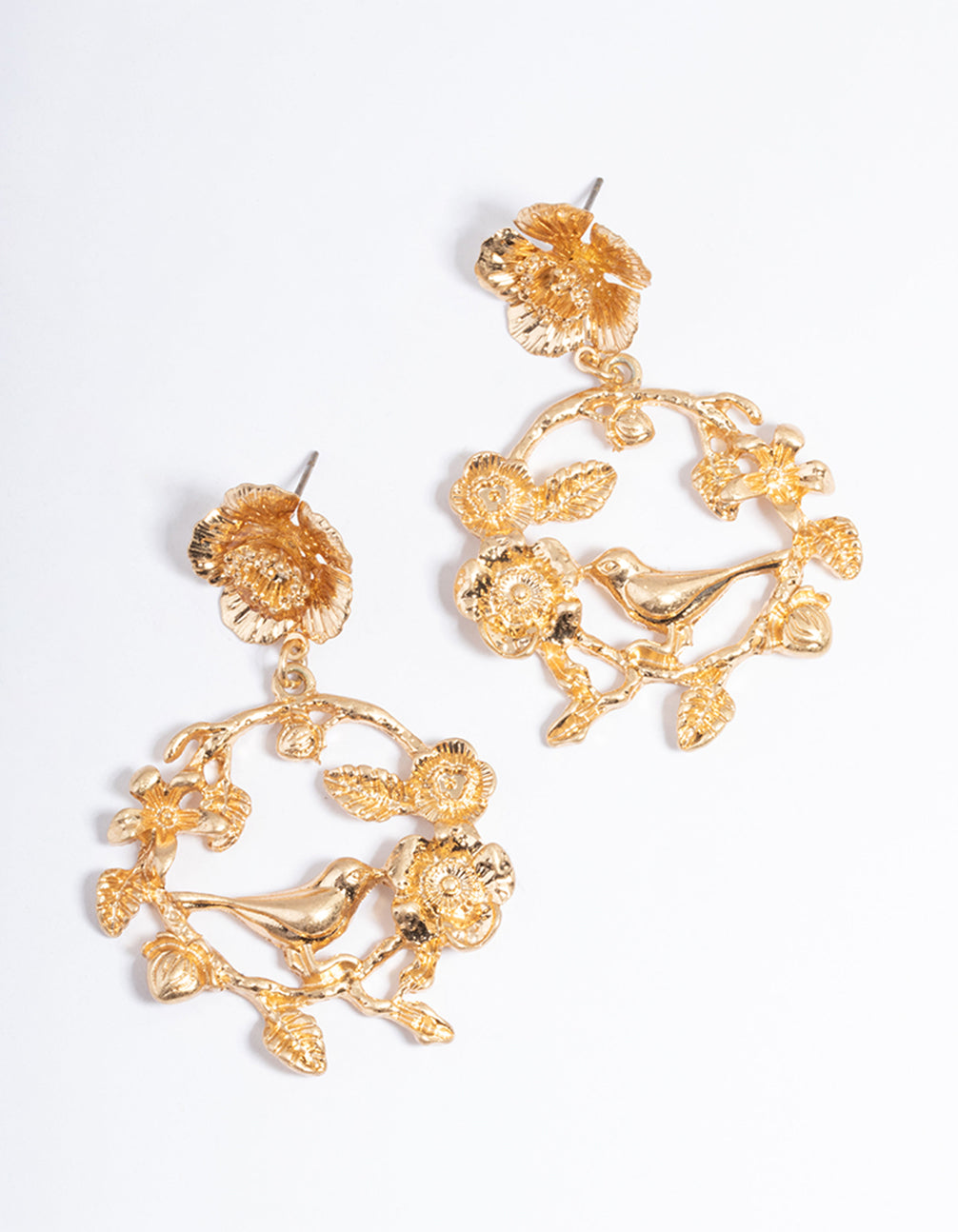 Gold Bird Flower Circle Earrings