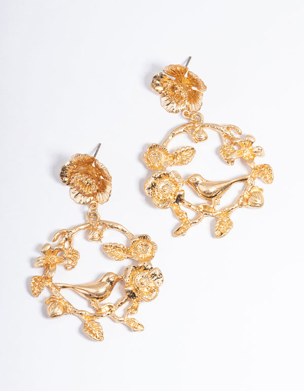 Gold Bird Flower Circle Earrings